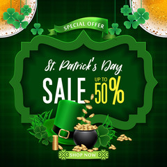 Saint Patrick's Day Sale background. Banner St. Patrick's Day Sale. Saint Patrick's Day Sale Web Banner. Festive Composition with Beer Glass, Golden Coins and Clover Leaves.