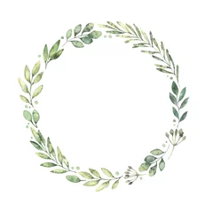Foto op Plexiglas Hand drawn watercolor illustration. Botanical wreath of green branches and leaves. Spring mood. Floral Design elements. Perfect for invitations, greeting cards, prints, posters, packing etc © Kate Macate