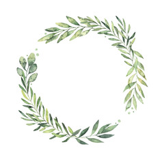 Hand drawn watercolor illustration. Botanical wreath of green branches and leaves. Spring mood. Floral Design elements. Perfect for invitations, greeting cards, prints, posters, packing etc - 190082156