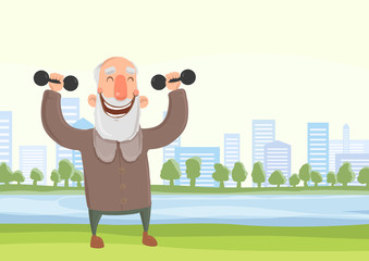Happy smiling elderly man doing morning sports exercises with dumbbells in city park. Active lifestyle and sport activities in old age. Vector illustration.