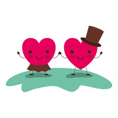 couple heart character kawaii holding hands and her with skirt and him with top hat in smiling expression in colorful silhouette vector illustration