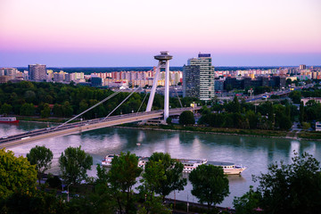Fototapeta na wymiar Panorama view on Bratislava, Slovakia at the evening low light.