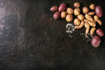 Variety of raw uncooked organic potatoes different kind and colors red, yellow, purple with various...