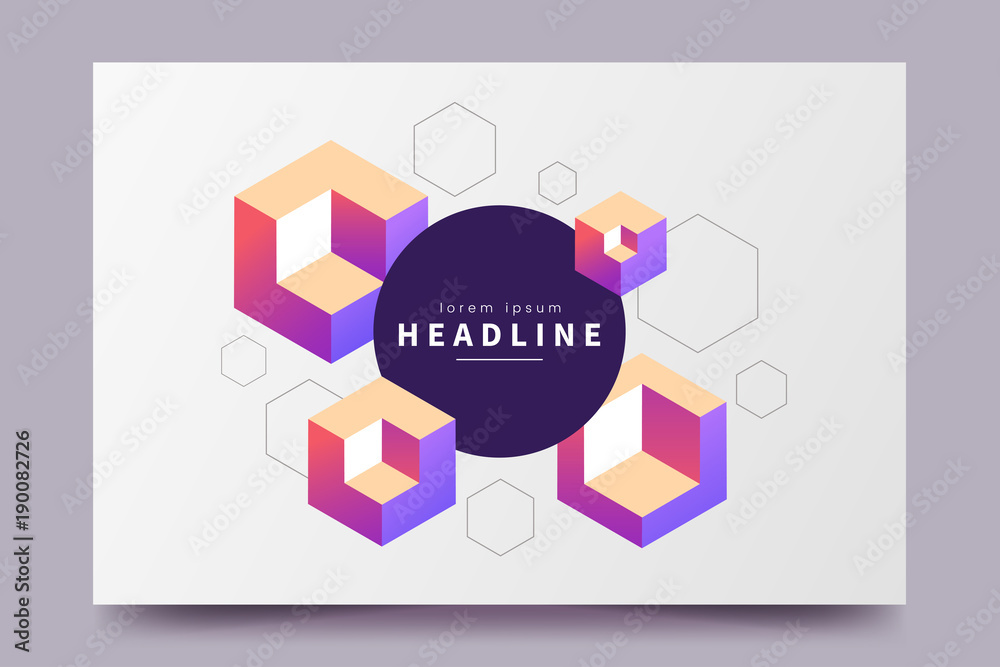 Poster Abstract colorful isometric background. Horizontal minimalistic poster with isometric cubes and place for text. Applicable for party invitation, conference invite, avertising, web page, flyer etc.