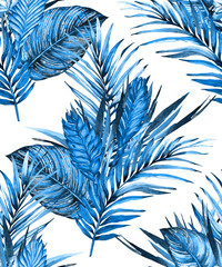 Tropical blue floral seamless  pattern. Watercolor exotic palm and calathea leaves, flowers of bromelia. Trendy cobalt hues on white background. Textile design.