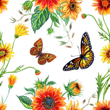 Seamless watercolor pattern from sunflowers and butterflies.