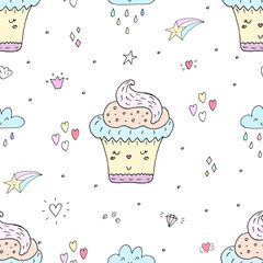 Cute hand drawn seamless pattern with cupcake pattern. vector illustration.