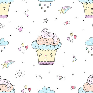 Cute hand drawn seamless pattern with cupcake pattern. vector illustration.