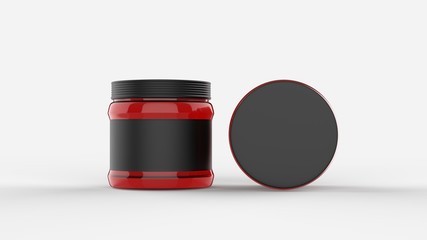 Strawberry jam in jar mock up isolated on soft gray background with black label. Small size. 3D illustrating.