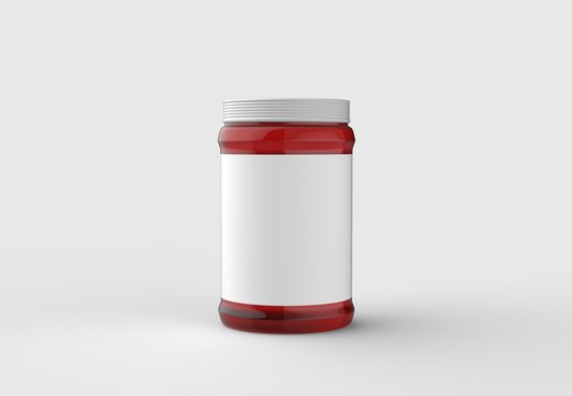 Strawberry jam in jar mock up isolated on soft gray background with white label. 3D illustrating.