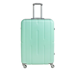Mint color suitcase isolated on white background. Polycarbonate suitcase isolated on white. Mint color suitcase.