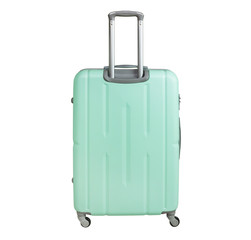 Mint color suitcase isolated on white background. Polycarbonate suitcase isolated on white. Mint color suitcase.