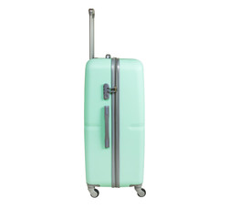 Obraz premium Mint color suitcase isolated on white background. Polycarbonate suitcase isolated on white. Mint color suitcase.