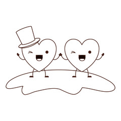 couple heart character kawaii holding hands and him with top hat in wink expression in brown contour vector illustration