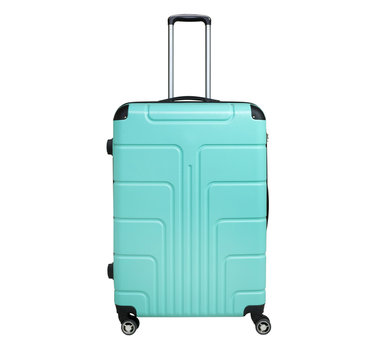 Turquoise suitcase isolated on white background. Polycarbonate suitcase isolated on white. Turquoise suitcase.