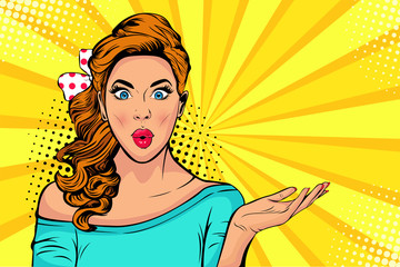 Wow pop art face of surprised fashion girl open mouth. Beautiful young woman model pointing hand, advertising gesture.  Vector bright background in pop art retro comic style. - obrazy, fototapety, plakaty