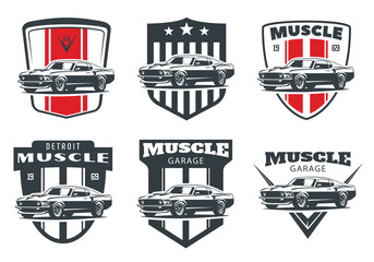 Set of classic muscle car emblems and badges isolated on white background.