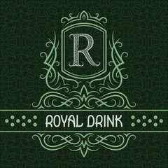 Royal drink label design template. Patterned vintage monogram with text on seamless pattern background.