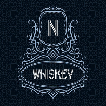 Whiskey label design template. Patterned vintage monogram with text on seamless pattern background.