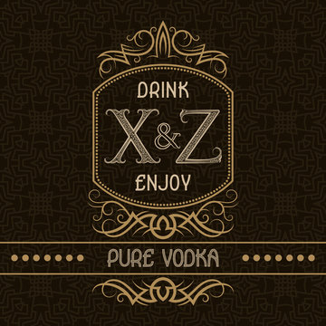 Pure vodka label design template. Patterned vintage monogram with text on seamless pattern background.