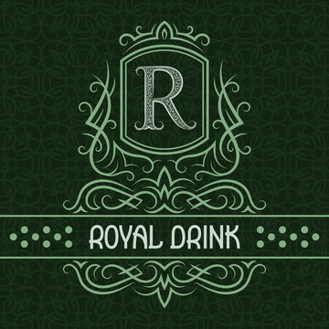 Royal drink label design template. Patterned vintage monogram with text on seamless pattern background.