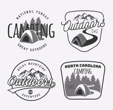 Set of vintage camping and outdoor adventure emblems, and badges.