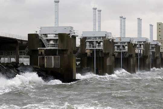 Storm surge barrier Eastern Scheldt dam closed for high sea level