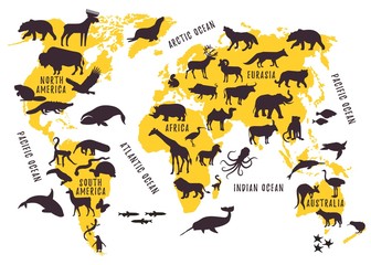 Cartoon World Map with Animals Silhouettes for Kids.