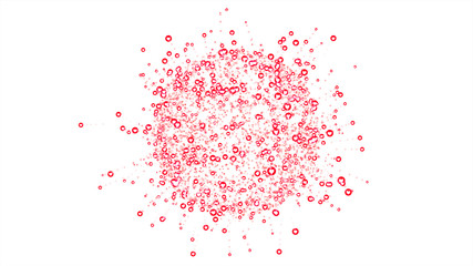 Group of white red pink generic Facebook-style love emotion icons and blur bokeh on floor with reflection.