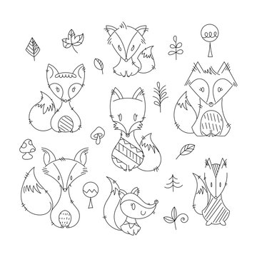 Set of cute doodle foxes in simple flat style