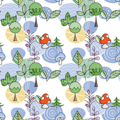 Seamless pattern in scandinavian style with cute tree and leaves