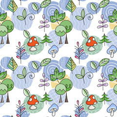Seamless pattern in scandinavian style with cute tree and leaves