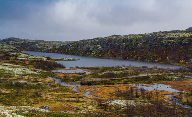 A gloomy autumn landscape with hills covered with moss and streams in the tundra. Cold northern nature. Kola Peninsula, Russia.