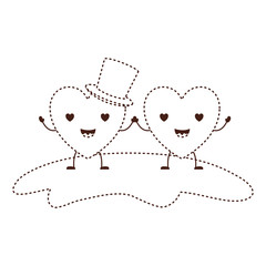 couple heart character kawaii holding hands and him with top hat in enamored expression in brown dotted contour vector illustration