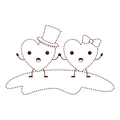 couple heart character kawaii holding hands and him with top hat and her with topknot in surprised expression in brown dotted contour vector illustration