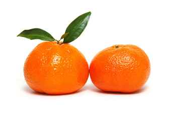 Tangerine or clementine with green leaf