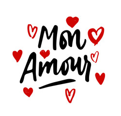 Mon Amour lettering, hearts illustration. My Love in French hand drawn calligraphy quote. Valentine's day. Red on white