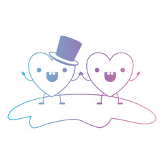 couple heart character kawaii holding hands and him with top hat in cheerful expression in degraded blue to purple color contour vector illustration