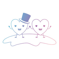 Obraz premium couple heart character kawaii holding hands and him with top hat in enamored expression in degraded blue to purple color contour vector illustration
