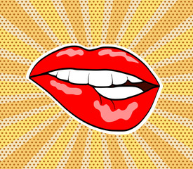 Obraz premium red woman sweet lips in pop art retro comic style on stripped and dot background