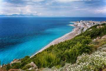 Fototapeta na wymiar View on Rhodes city with sandy beach. Rhodes island, Dodekanes, Greece