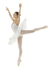 ballerina doing a arabesque with a white tutu on white background