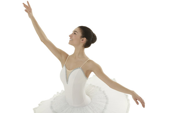 ballerina doing the allonge' pose on white bakground