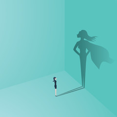 Businesswoman with superhero shadow vector concept. Business symbol of emancipation, ambition, success, motivation, leadership, courage and challenge.
