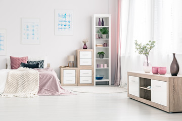 Posters in pink bedroom interior