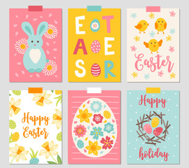 Set of six Easter cards with rabbit, chicken, narcissus, eggs