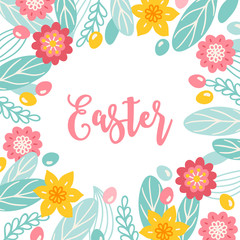 Easter greeting card with flowers, eggs, leaves and narcissus