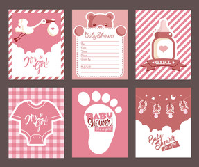 Fototapeta na wymiar Collection of pink girl baby shower invitation greeting cards
