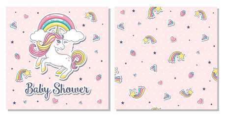Baby Shower card with unicorn. Vector illustration.