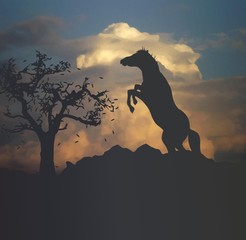 dark landscape with wild horse and tree